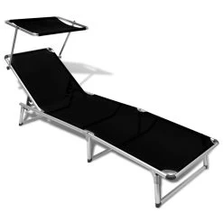 Folding Sun Lounger With Roof Aluminium And Textilene Black