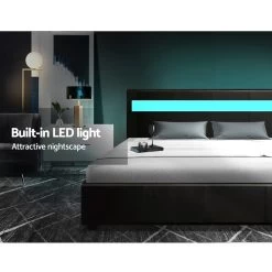 Artiss LED Bed Frame Double Full Size Gas Lift Base With Storage Black Leather -Furniture Shop BFRAME E COLE D BK ABC 03