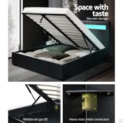 Artiss LED Bed Frame Double Full Size Gas Lift Base With Storage Black Leather -Furniture Shop BFRAME E COLE D BK ABC 05