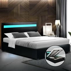 Artiss LED Bed Frame Double Full Size Gas Lift Base With Storage Black Leather -Furniture Shop BFRAME E COLE D BK ABC 99