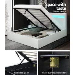 Artiss LED Bed Frame Double Full Size Gas Lift Base With Storage White Leather -Furniture Shop BFRAME E COLE D WH ABC 05