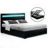 Artiss LED Bed Frame Queen Size Gas Lift Base With Storage Black Leather -Furniture Shop BFRAME E COLE Q BK ABC 00