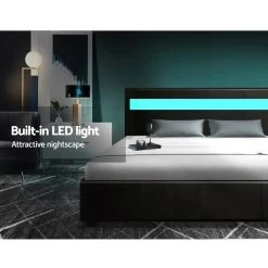 Artiss LED Bed Frame Queen Size Gas Lift Base With Storage Black Leather -Furniture Shop BFRAME E COLE Q BK ABC 03