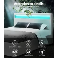 Artiss LED Bed Frame Queen Size Gas Lift Base With Storage White Leather -Furniture Shop BFRAME E COLE Q WH ABC 02