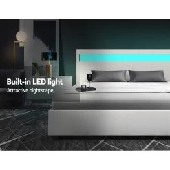 Artiss LED Bed Frame Queen Size Gas Lift Base With Storage White Leather -Furniture Shop BFRAME E COLE Q WH ABC 03