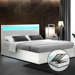 Artiss LED Bed Frame Queen Size Gas Lift Base With Storage White Leather -Furniture Shop BFRAME E COLE Q WH ABC 99