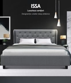 Artiss Queen Size Gas Lift Bed Frame Base With Storage Mattress Grey Fabric Wooden -Furniture Shop BFRAME E ISSA Q GY AB 02