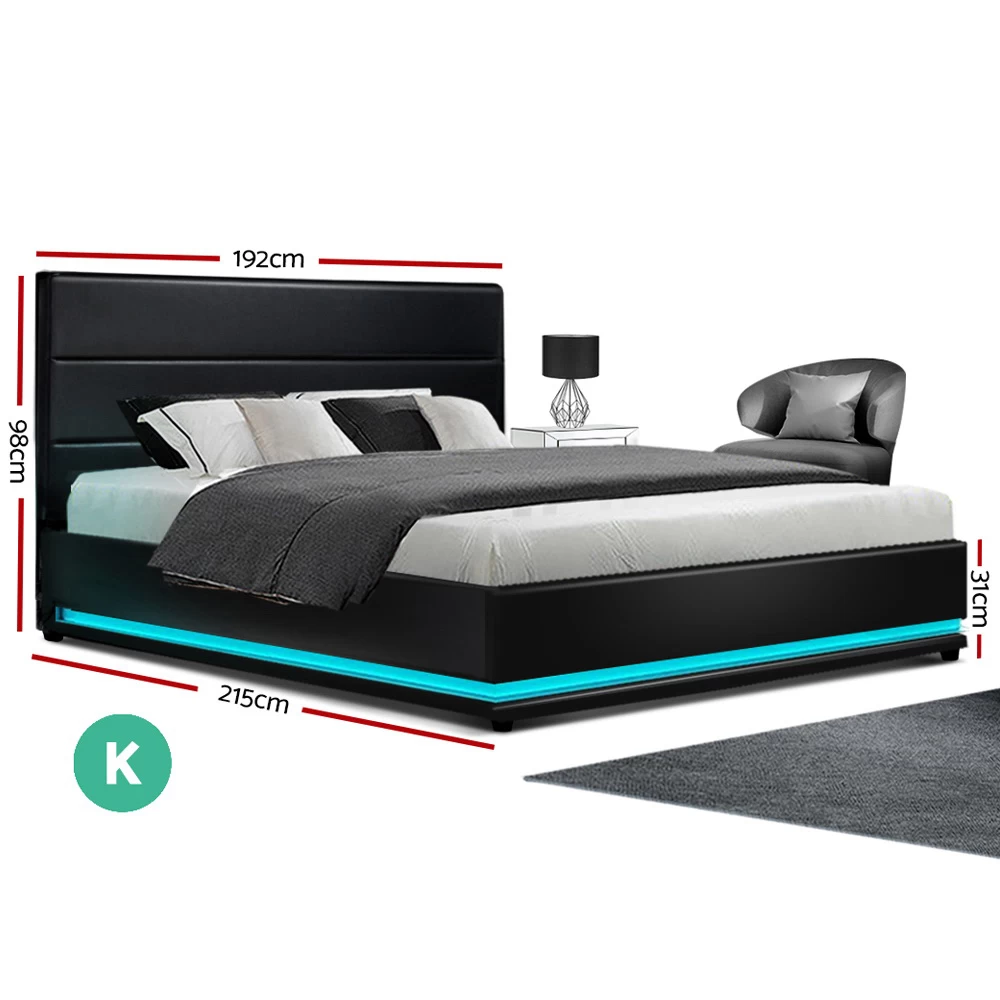 Artiss RGB LED Bed Frame King Size Gas Lift Base Storage Black Leather LUMI 4 Artiss RGB LED Bed Frame King Size Gas Lift Base Storage Black Leather LUMI - Image 2