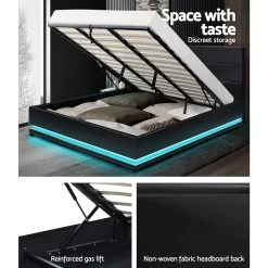 Artiss RGB LED Bed Frame King Size Gas Lift Base Storage Black Leather LUMI 14 Artiss RGB LED Bed Frame King Size Gas Lift Base Storage Black Leather LUMI -Furniture Shop BFRAME E LUMI K BK ABC 05