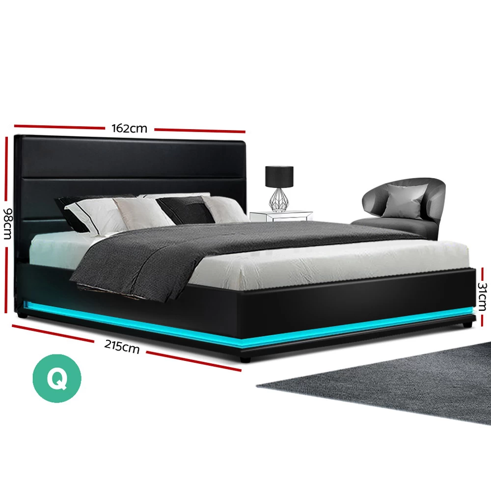Artiss RGB LED Bed Frame Queen Size Gas Lift Base Storage Black Leather LUMI 4 Artiss RGB LED Bed Frame Queen Size Gas Lift Base Storage Black Leather LUMI - Image 2