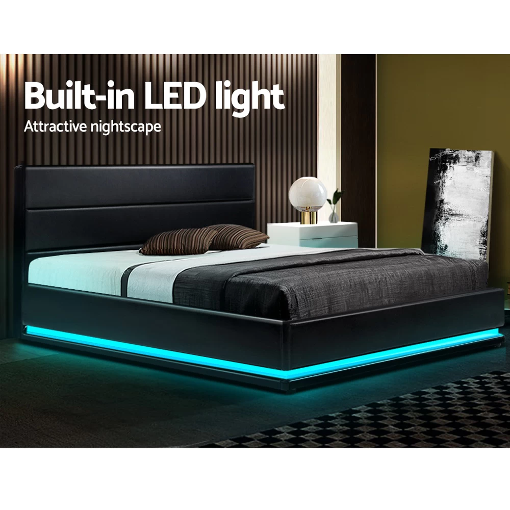 Artiss RGB LED Bed Frame Queen Size Gas Lift Base Storage Black Leather LUMI 6 Artiss RGB LED Bed Frame Queen Size Gas Lift Base Storage Black Leather LUMI - Image 4