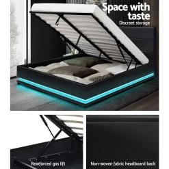 Artiss RGB LED Bed Frame Queen Size Gas Lift Base Storage Black Leather LUMI 14 Artiss RGB LED Bed Frame Queen Size Gas Lift Base Storage Black Leather LUMI -Furniture Shop BFRAME E LUMI Q BK ABC 05
