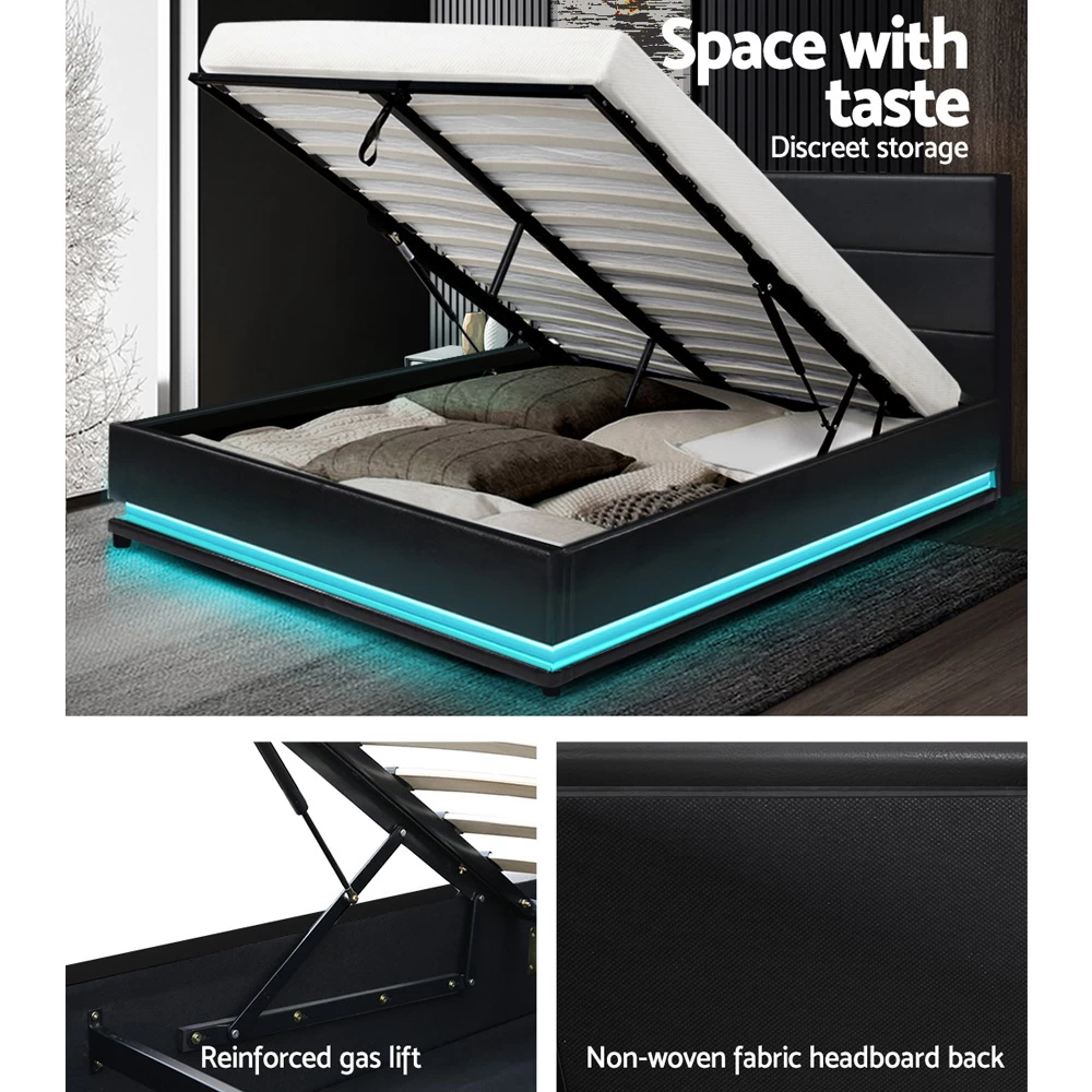 Artiss RGB LED Bed Frame Queen Size Gas Lift Base Storage Black Leather LUMI 8 Artiss RGB LED Bed Frame Queen Size Gas Lift Base Storage Black Leather LUMI - Image 6