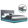 Artiss RGB LED Bed Frame Queen Size Gas Lift Base With Storage Grey Fabric LUMI