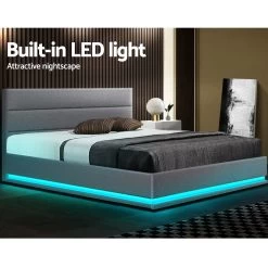 Artiss RGB LED Bed Frame Queen Size Gas Lift Base With Storage Grey Fabric LUMI 12 Artiss RGB LED Bed Frame Queen Size Gas Lift Base With Storage Grey Fabric LUMI -Furniture Shop BFRAME E LUMI Q GY ABC 03