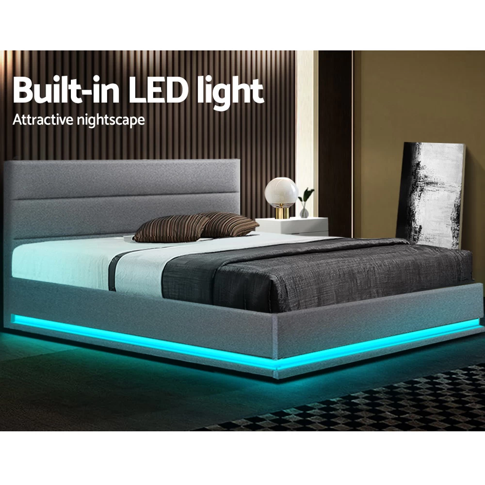 Artiss RGB LED Bed Frame Queen Size Gas Lift Base With Storage Grey Fabric LUMI 6 Artiss RGB LED Bed Frame Queen Size Gas Lift Base With Storage Grey Fabric LUMI - Image 4