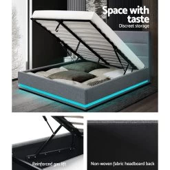 Artiss RGB LED Bed Frame Queen Size Gas Lift Base With Storage Grey Fabric LUMI 14 Artiss RGB LED Bed Frame Queen Size Gas Lift Base With Storage Grey Fabric LUMI -Furniture Shop BFRAME E LUMI Q GY ABC 05