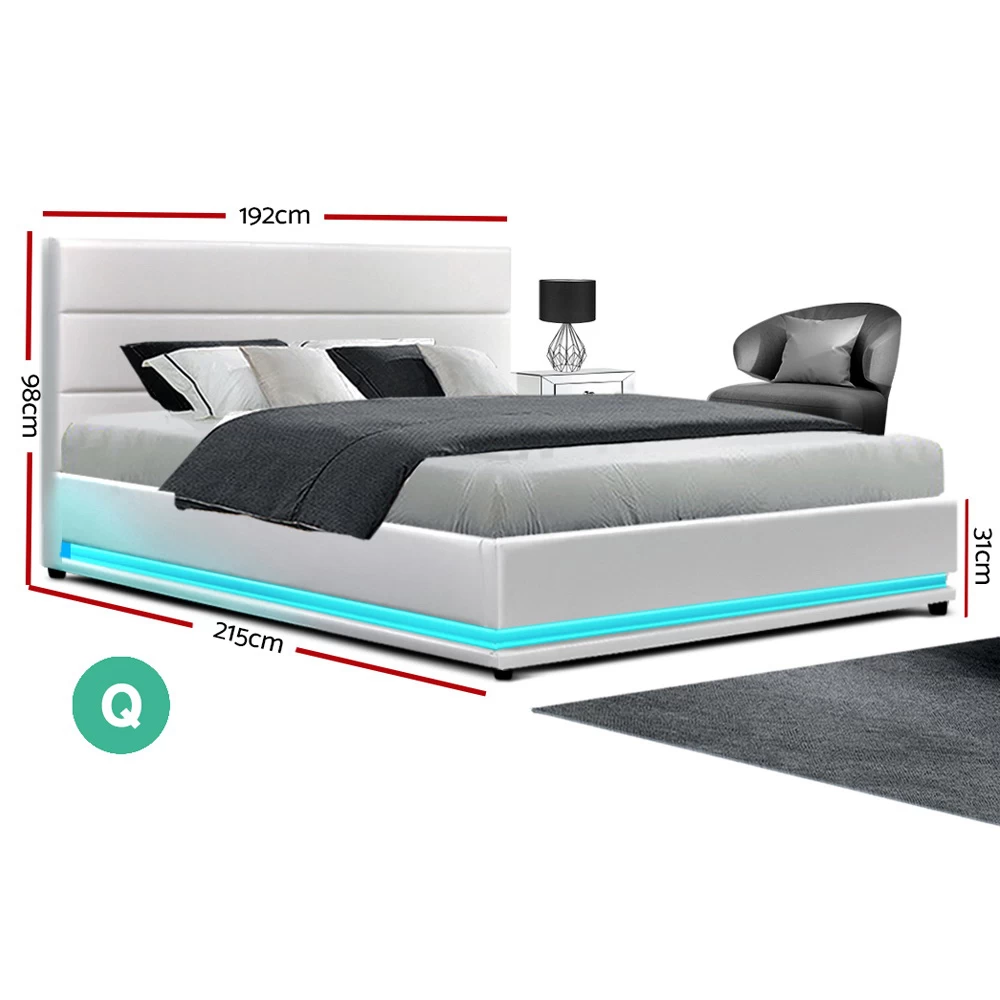 Artiss RGB LED Bed Frame Queen Size Gas Lift Base Storage White Leather LUMI 4 Artiss RGB LED Bed Frame Queen Size Gas Lift Base Storage White Leather LUMI - Image 2