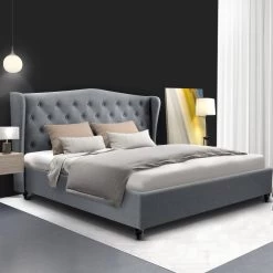 Artiss King Size Wooden Upholstered Bed Frame Headborad – Grey -Furniture Shop BFRAME E PIER K GY AB 06