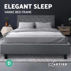 Artiss VANKE Double Size Bed Frame Base Fabric Headboard Wooden Mattress -Furniture Shop BFRAME E VANKE D GY AB 02