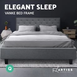 Artiss VANKE Queen Size Bed Frame Base Fabric Headboard Wooden Mattress -Furniture Shop BFRAME E VANKE Q GY AB 02