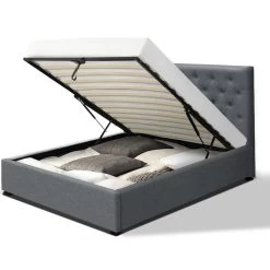 Artiss VILA King Single Size Gas Lift Bed Frame Base With Storage Mattress Grey Fabric -Furniture Shop BFRAME E VILA KS GY ABC 02