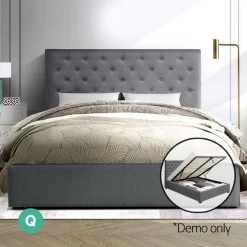 Artiss Queen Size Gas Lift Bed Frame Base With Storage Mattress Grey Fabric VILA -Furniture Shop BFRAME E VILA Q GY AB 06