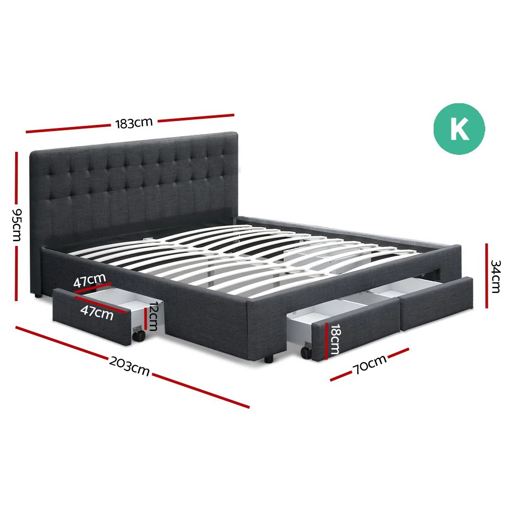 Artiss King Size Fabric Bed Frame Headboard With Drawers– Charcoal 4 Artiss King Size Fabric Bed Frame Headboard With Drawers– Charcoal - Image 2