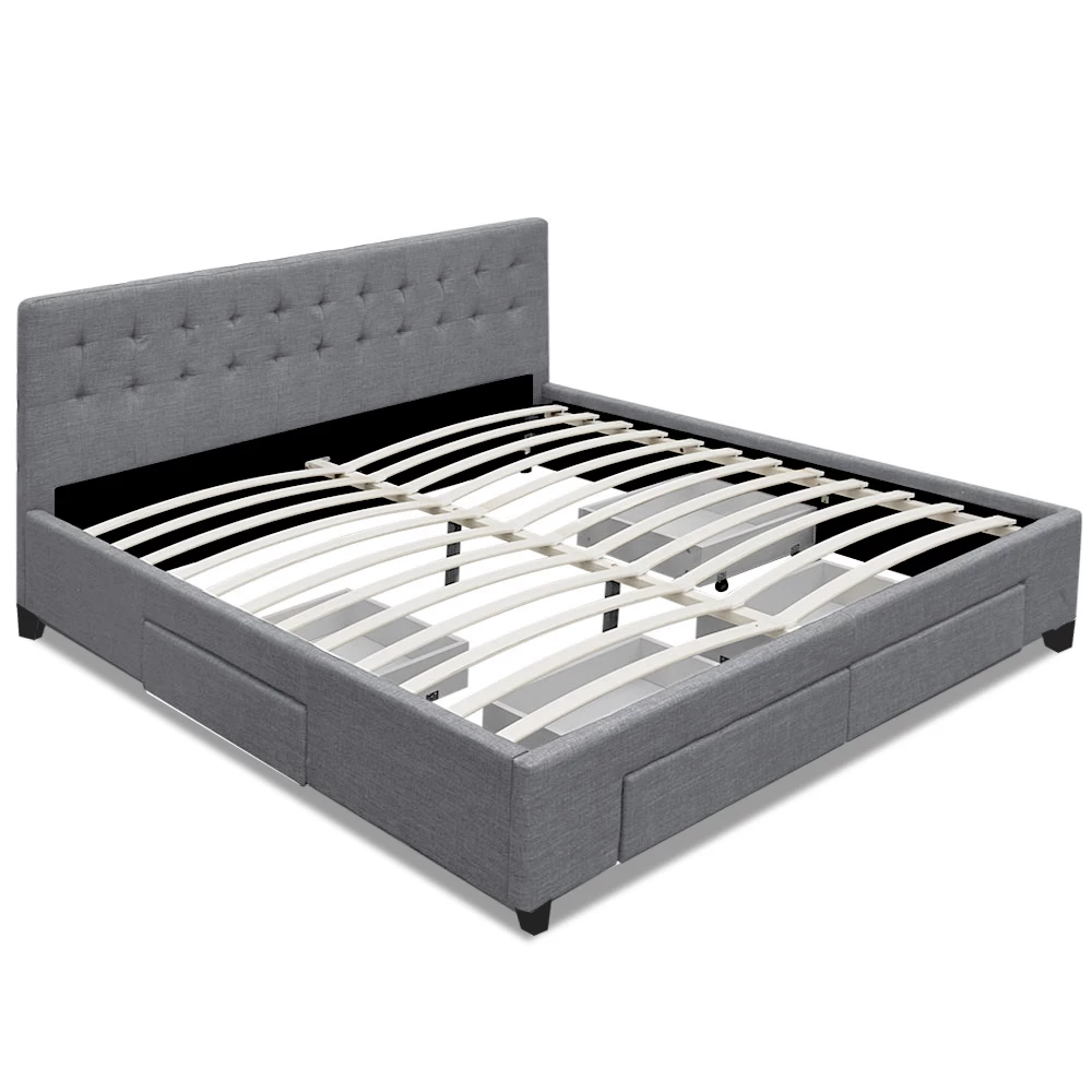 KING Bed Frame With 4 Storage Drawers AVIO Fabric Headboard Wooden 3 KING Bed Frame With 4 Storage Drawers AVIO Fabric Headboard Wooden