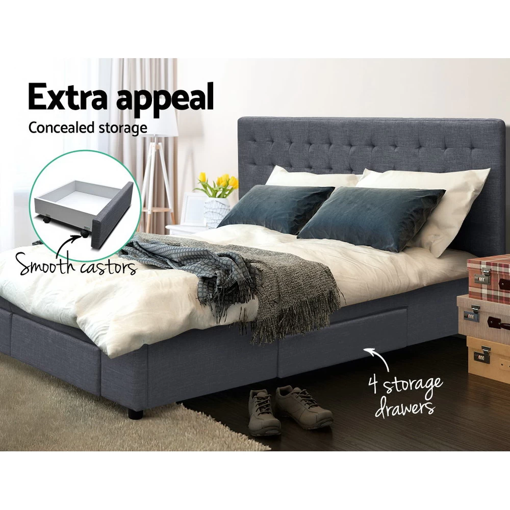 KING Bed Frame With 4 Storage Drawers AVIO Fabric Headboard Wooden 7 KING Bed Frame With 4 Storage Drawers AVIO Fabric Headboard Wooden - Image 5