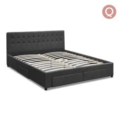 Artiss Queen Size Fabric Bed Frame Headboard With Drawers– Charcoal