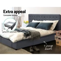 QUEEN Bed Frame With 4 Storage Drawers AVIO Fabric Headboard Wooden -Furniture Shop BFRAME F AVIO Q GY ABC 04