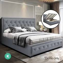 Artiss TIYO King Size Gas Lift Bed Frame Base With Storage Mattress Grey Fabric -Furniture Shop BFRAME F TIYO K GY ABC 06