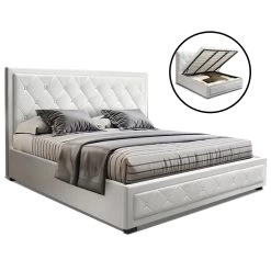 Artiss TIYO King Size Gas Lift Bed Frame Base With Storage Mattress White Leather