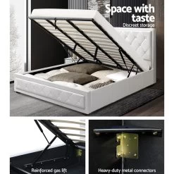 Artiss TIYO King Size Gas Lift Bed Frame Base With Storage Mattress White Leather -Furniture Shop BFRAME F TIYO K WH ABC 03