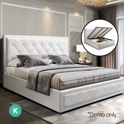Artiss TIYO King Size Gas Lift Bed Frame Base With Storage Mattress White Leather -Furniture Shop BFRAME F TIYO K WH ABC 06