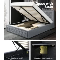 Artiss TIYO Queen Size Gas Lift Bed Frame Base With Storage Mattress Grey Fabric -Furniture Shop BFRAME F TIYO Q GY ABC 03