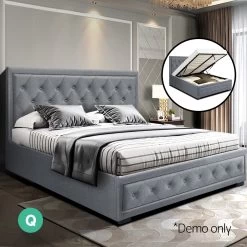 Artiss TIYO Queen Size Gas Lift Bed Frame Base With Storage Mattress Grey Fabric -Furniture Shop BFRAME F TIYO Q GY ABC 06