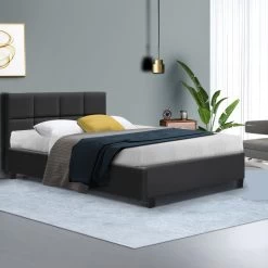 Bed Frame Double Size Base Mattress Platform Fabric Wooden Charcoal TINO 15 Bed Frame Double Size Base Mattress Platform Fabric Wooden Charcoal TINO -Furniture Shop BFRAME H TINO D CA AB 99