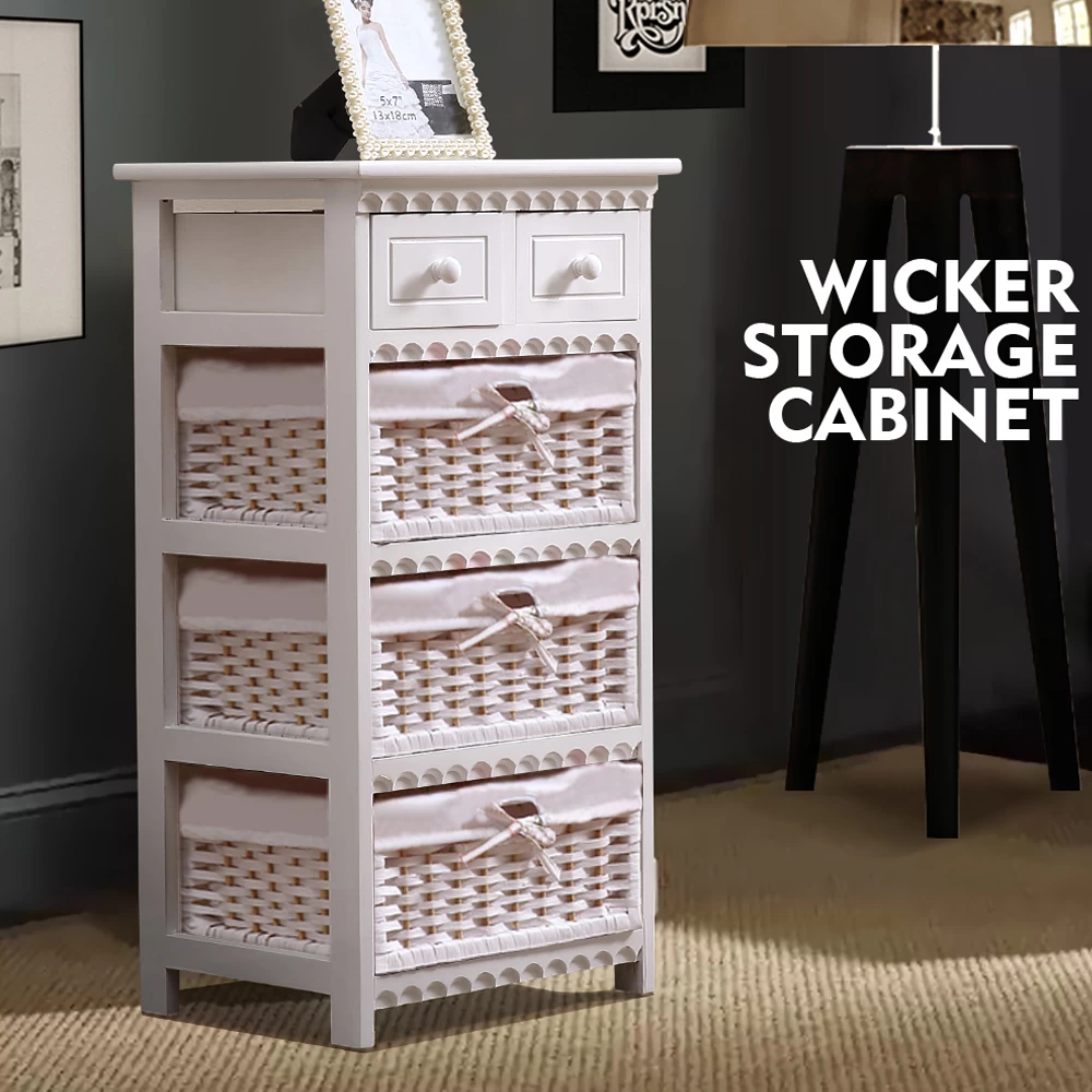 Bedroom Storage Dresser Chest 5 Drawers 3 Wicker Basket Cabinet 4 Bedroom Storage Dresser Chest 5 Drawers 3 Wicker Basket Cabinet - Image 2