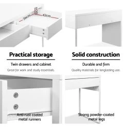 Artiss Metal Desk With 2 Drawers – White -Furniture Shop DESK 2 DRAWER WH 05