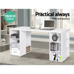 Artiss 3 Level Desk With Storage & Bookshelf – White -Furniture Shop DESK SHEF 150 WH AB 03