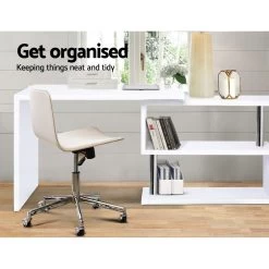 Artiss Rotary Corner Desk With Bookshelf – White -Furniture Shop DESK SWIVEL 352WH AB 02