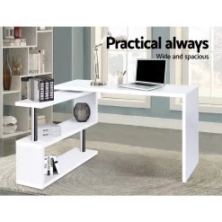 Artiss Rotary Corner Desk With Bookshelf – White -Furniture Shop DESK SWIVEL 352WH AB 03