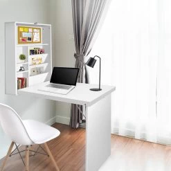 Artiss Foldable Desk With Bookshelf – White -Furniture Shop DESK WALL WH 06
