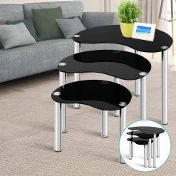 Artiss Set Of 3 Glass Coffee Tables – Black -Furniture Shop DINING B T22 BK 06