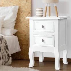 Artiss Bedside Tables Drawers Side Table French Storage Cabinet Nightstand Lamp -Furniture Shop DRESS TAB BS WH 99