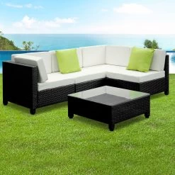 Gardeon 5 Piece PE Wicker Outdoor Sofa – Black & Grey -Furniture Shop FF BALI BK ABC 99
