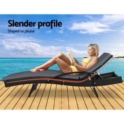 Gardeon Outdoor Sun Lounge Chair With Cushion – Black -Furniture Shop FF LOUNGE ARM BKX2 02