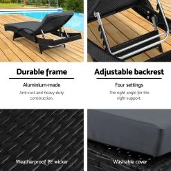 Gardeon Outdoor Sun Lounge Chair With Cushion – Black -Furniture Shop FF LOUNGE ARM BKX2 05